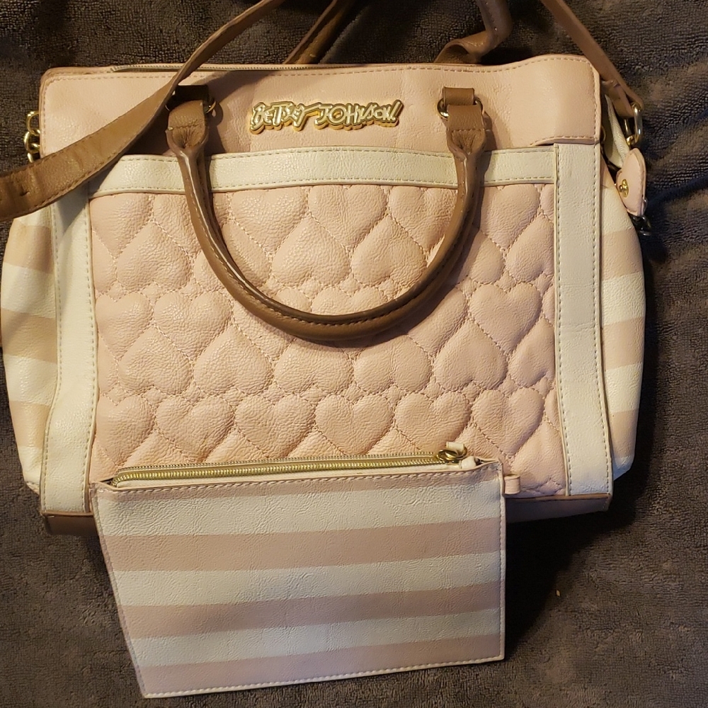Betsey Johnson Heart Quilted Pink and Cream Tote Set